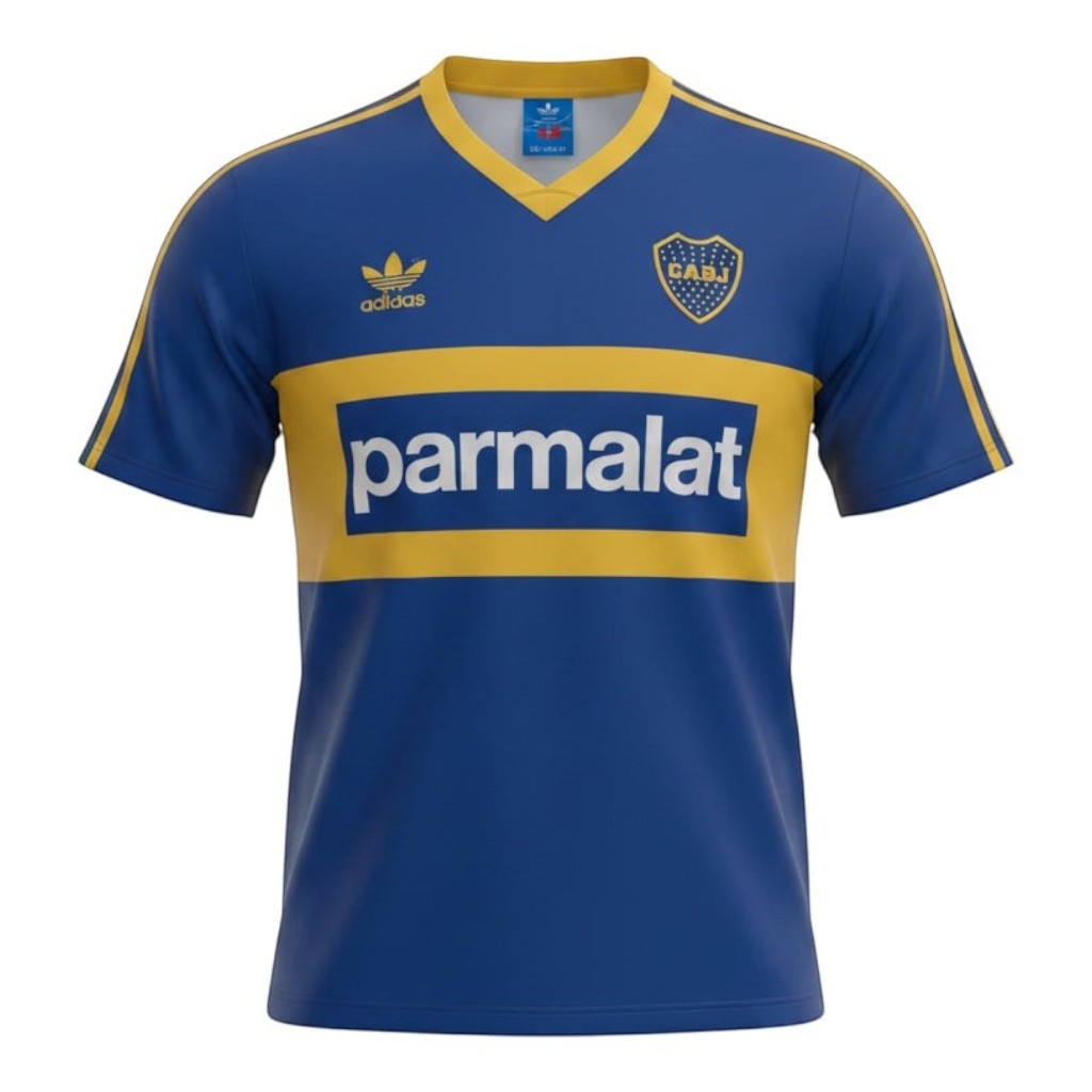 Hinchas Sportswear Store: Boca Juniors 1992 retro blue and yellow Adidas football jersey with Parmalat sponsor.