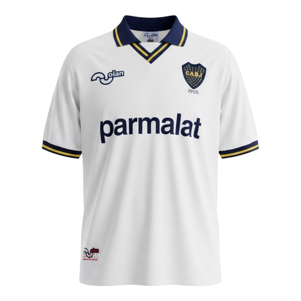 Hinchas Sportswear Store white Boca Juniors 1994 away jersey with navy collar and sleeve cuffs, Parmalat sponsor, and CABJ 1905 crest.