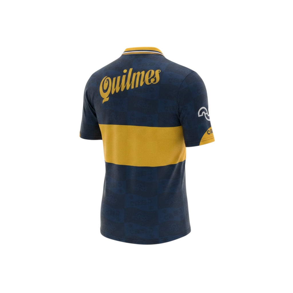 Hinchas Sportswear Store Boca Juniors 1995 retro navy blue jersey with yellow chest band and polo collar.
