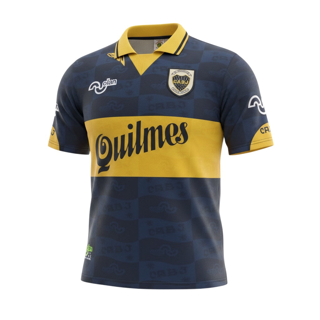 Hinchas Sportswear Store: Boca Juniors 1995 retro navy blue jersey with yellow chest band, polo collar, and Quilmes sponsor.