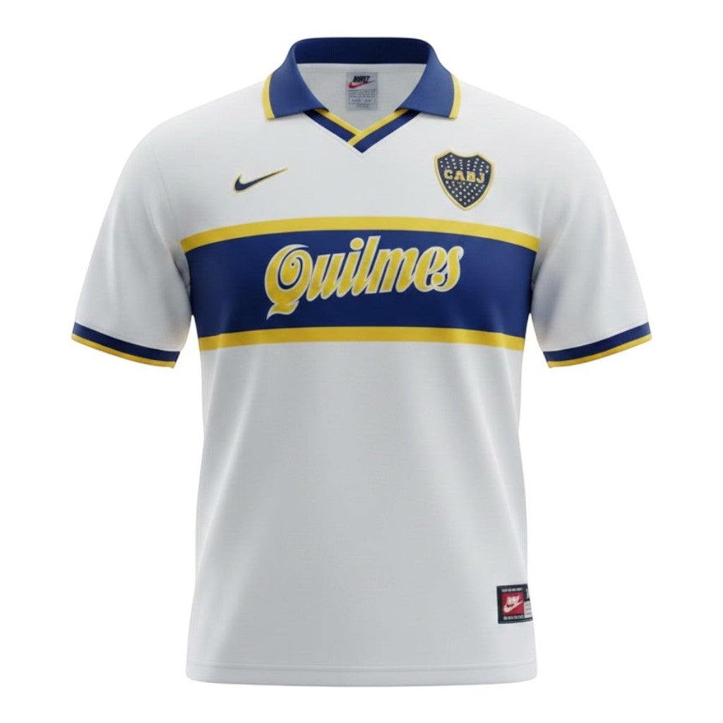 Hinchas Sportswear Store Boca Juniors 1996 retro jersey white with blue and yellow chest band, polo collar, Quilmes sponsor.
