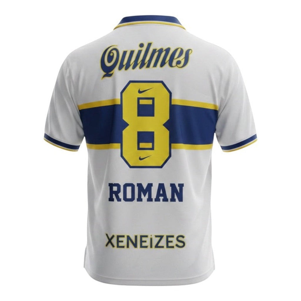 Hinchas Sportswear Store Boca Juniors 1996 retro jersey white with blue and yellow chest band, featuring Roman 8 and Quilmes sponsor.
