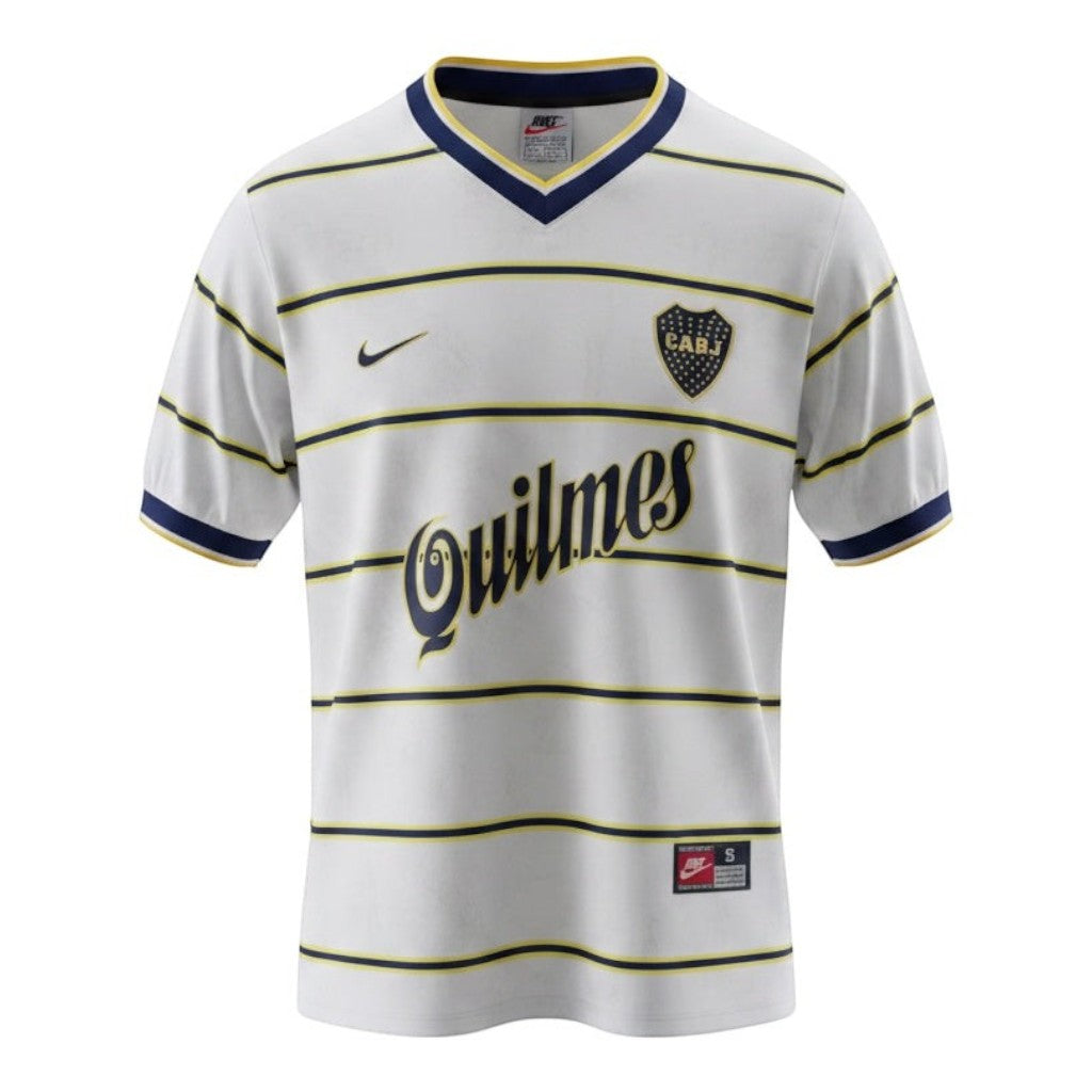 Hinchas Sportswear Store 1999 Boca Juniors away retro jersey white with navy and yellow stripes, V-neck, Nike logo, Quilmes sponsor.