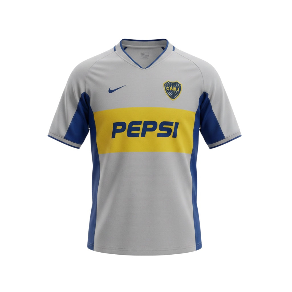 Hinchas Sportswear Store Boca Juniors 2002 grey and blue retro jersey with yellow Pepsi sponsor and Nike logo.