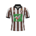Camiseta de fútbol retro Botafogo 1995 de Finta, marrón y blanco con rayas verticales, cuello polo negro y logo 7UP.