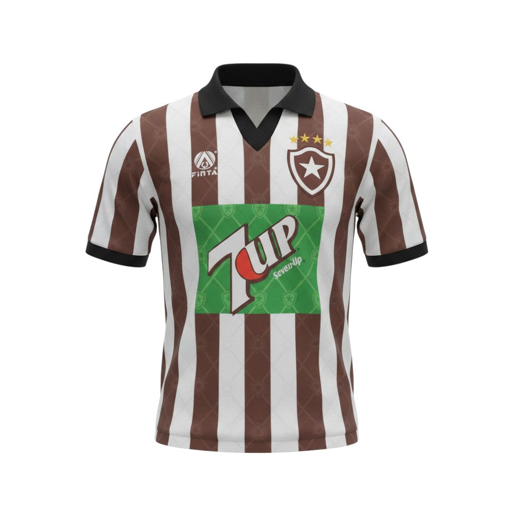 Camiseta de fútbol retro Botafogo 1995 de Finta, marrón y blanco con rayas verticales, cuello polo negro y logo 7UP.