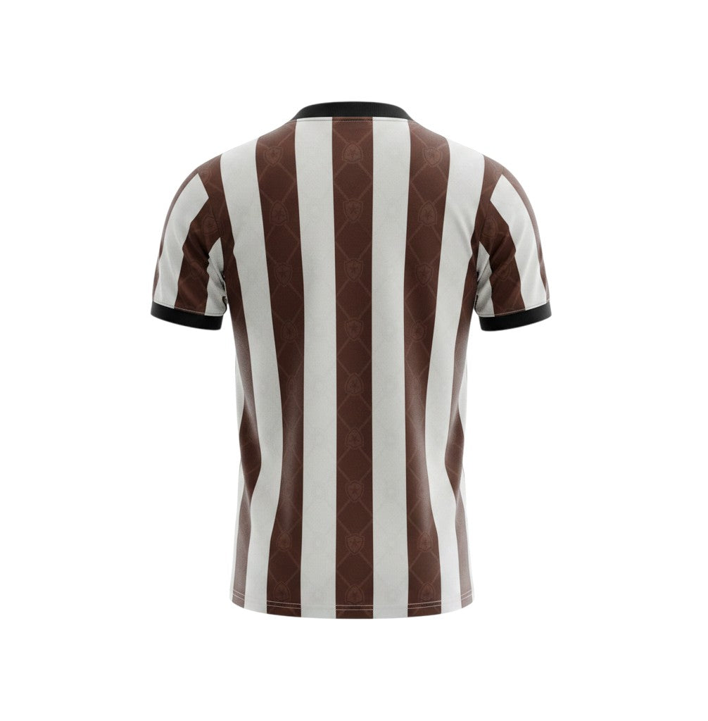 Botafogo 1995 retro jersey by Finta. Brown and white vertical stripes, black polo collar, Seven-Up sponsor. Hinchas Sportswear Store.