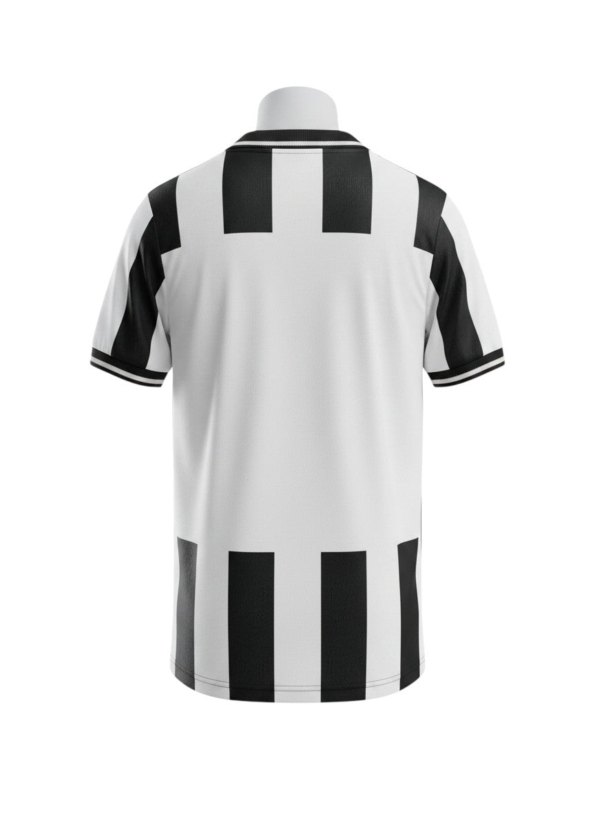 Botafogo 2024/25 Home Jersey by Reebok. Black and white vertical stripes, V-neck polo collar, and Reebok logo on back.