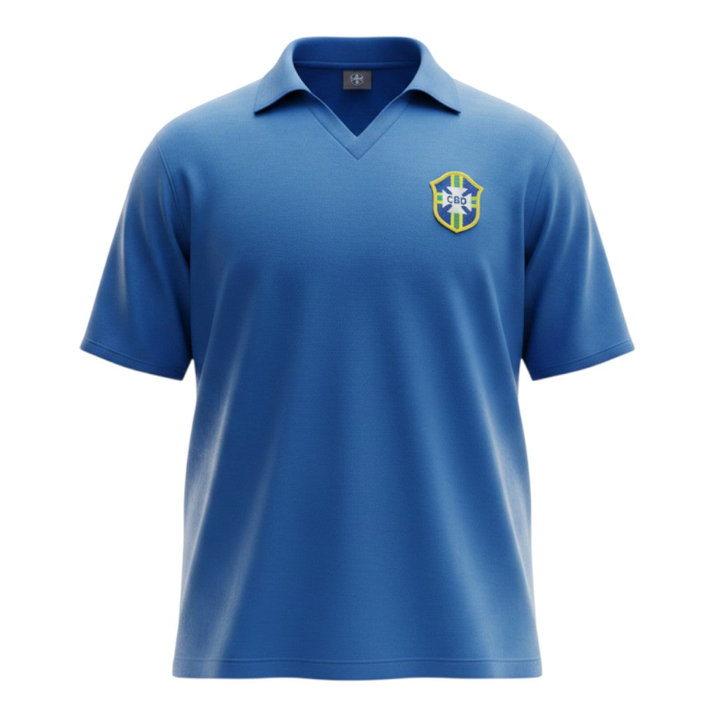 Hinchas Sportswear Store retro Brazil 1957 away jersey in royal blue with a V-neck and vintage CBD crest.