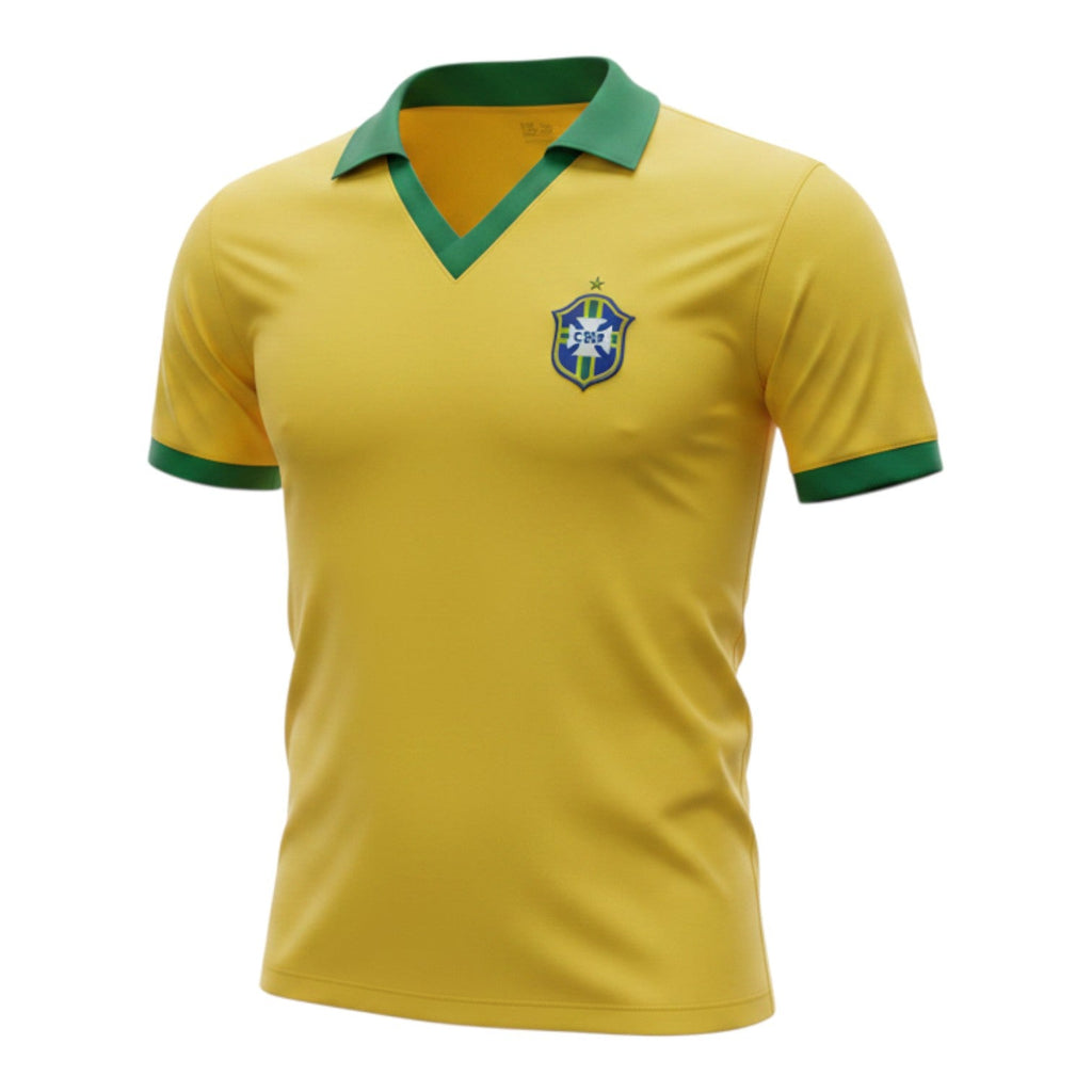 Hinchas Sportswear Store Brazil 1957 retro home jersey in canary yellow with green V-neck collar and cuffs, featuring vintage CBD crest.