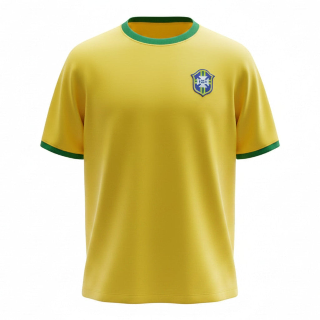Hinchas Sportswear Store Brazil 1970 retro football jersey in canary yellow with green collar and cuffs, featuring the vintage CBD crest.