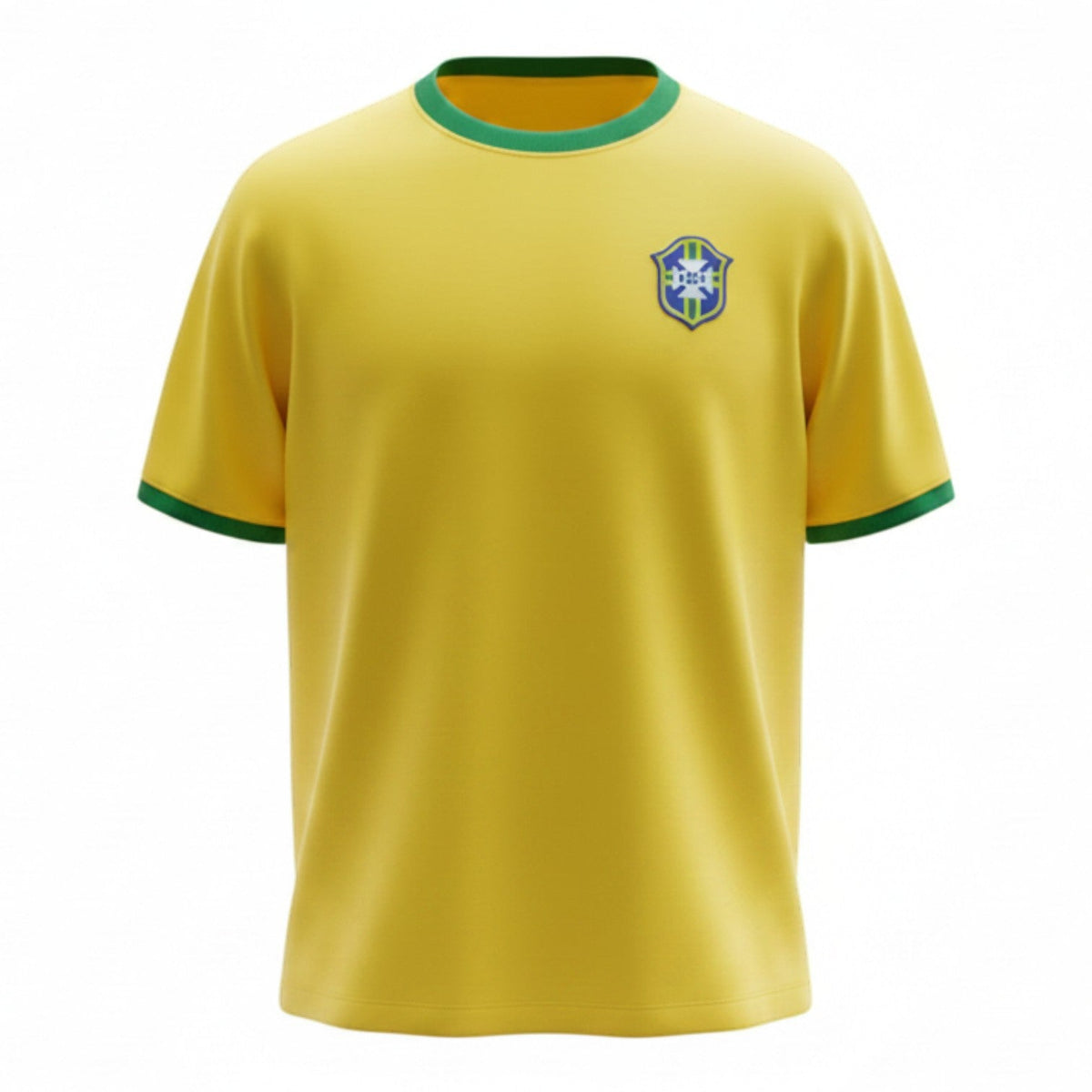Hinchas Sportswear Store Brazil 1970 retro football jersey in canary yellow with green collar and cuffs, featuring the vintage CBD crest.