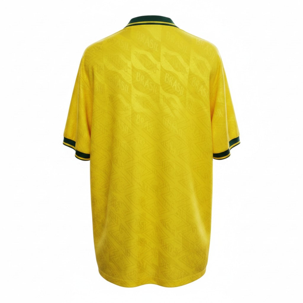 Hinchas Sportswear Store Brazil 1991-93 retro home jersey in canary yellow with dark green trim and jacquard 'BRASIL' pattern.