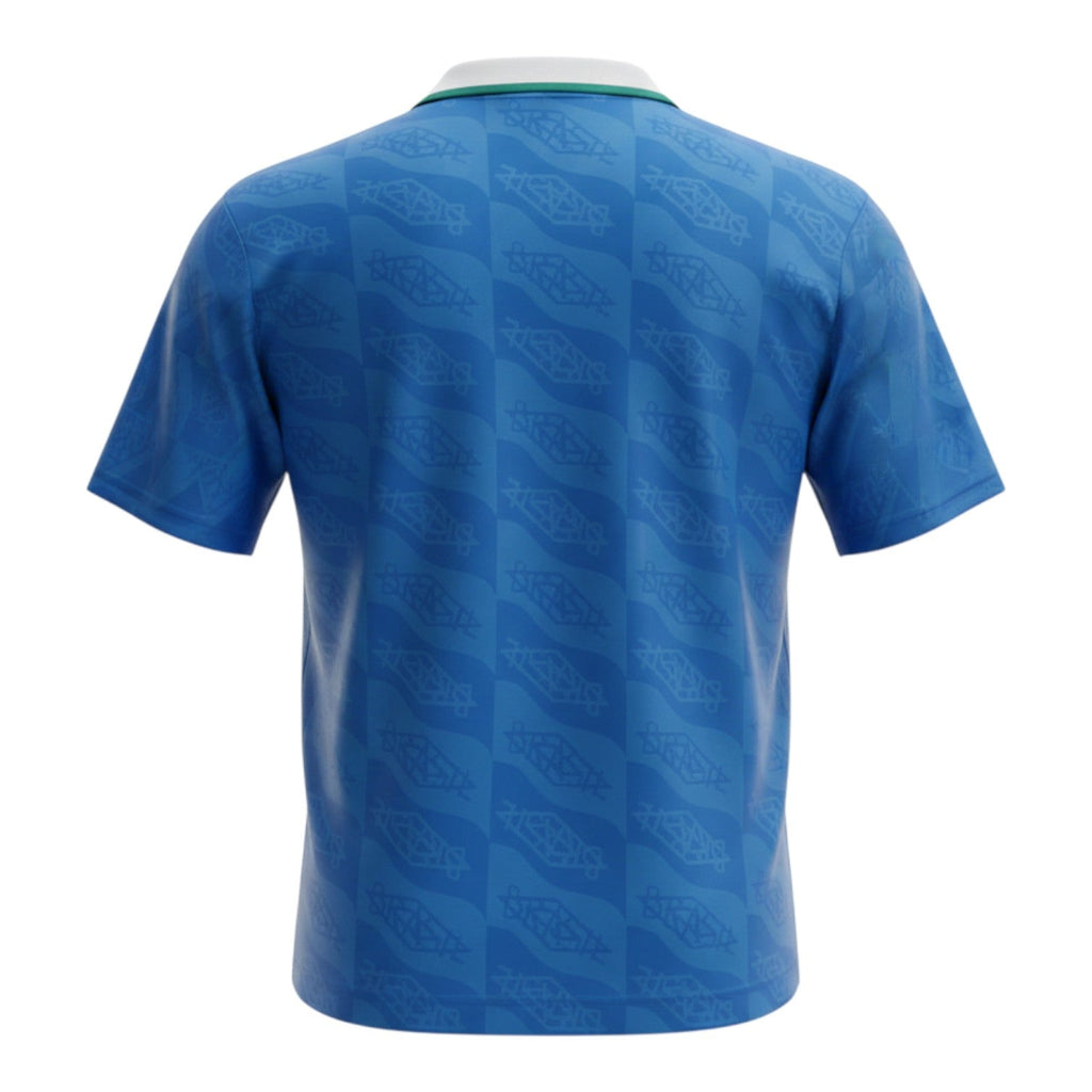 Hinchas Sportswear Store Brazil 1992 away jersey in electric blue with jacquard CBF logo pattern and navy Umbro arrows.