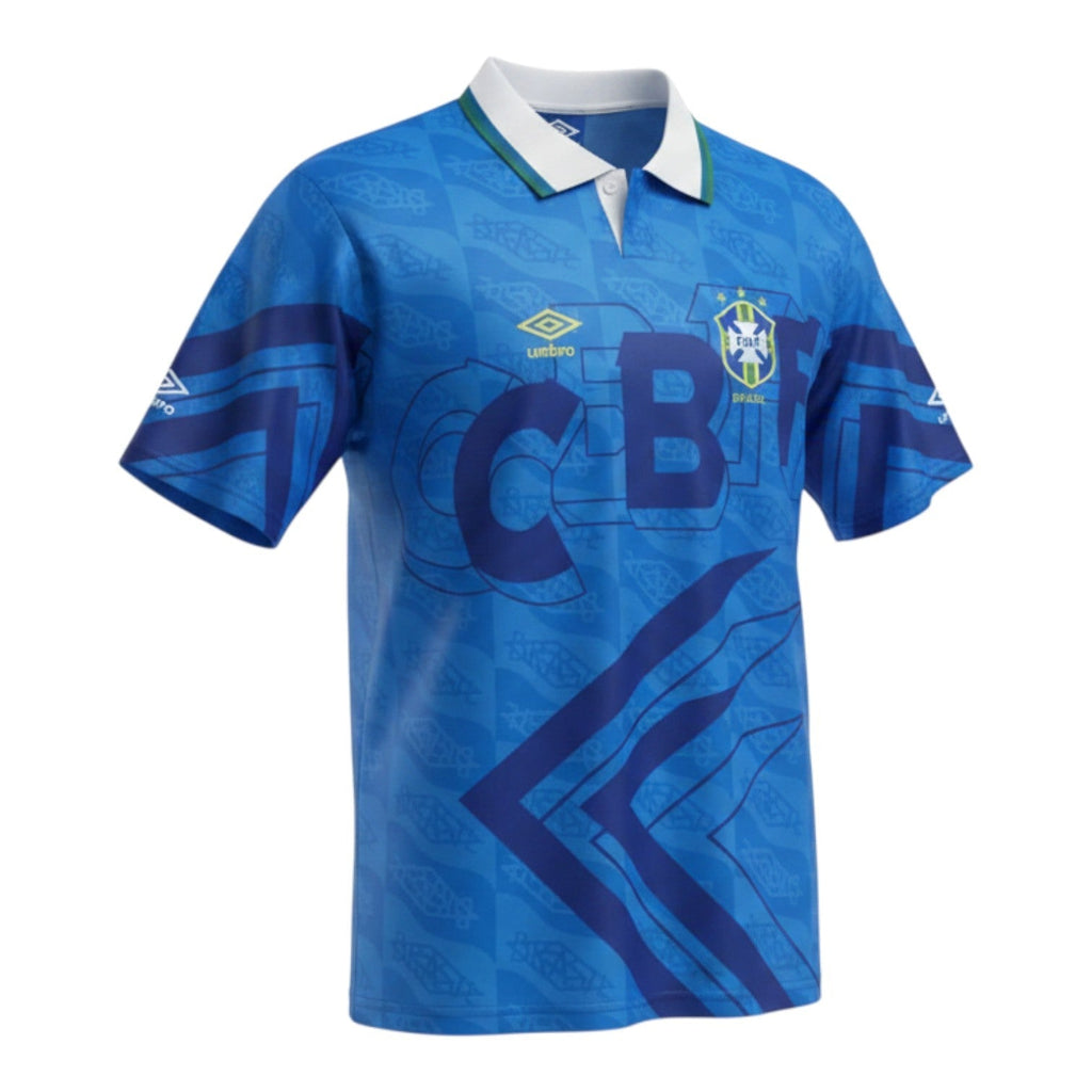 Hinchas Sportswear Store Brazil 1992 away jersey in electric blue with white polo collar, navy chevron details, and CBF jacquard watermark.