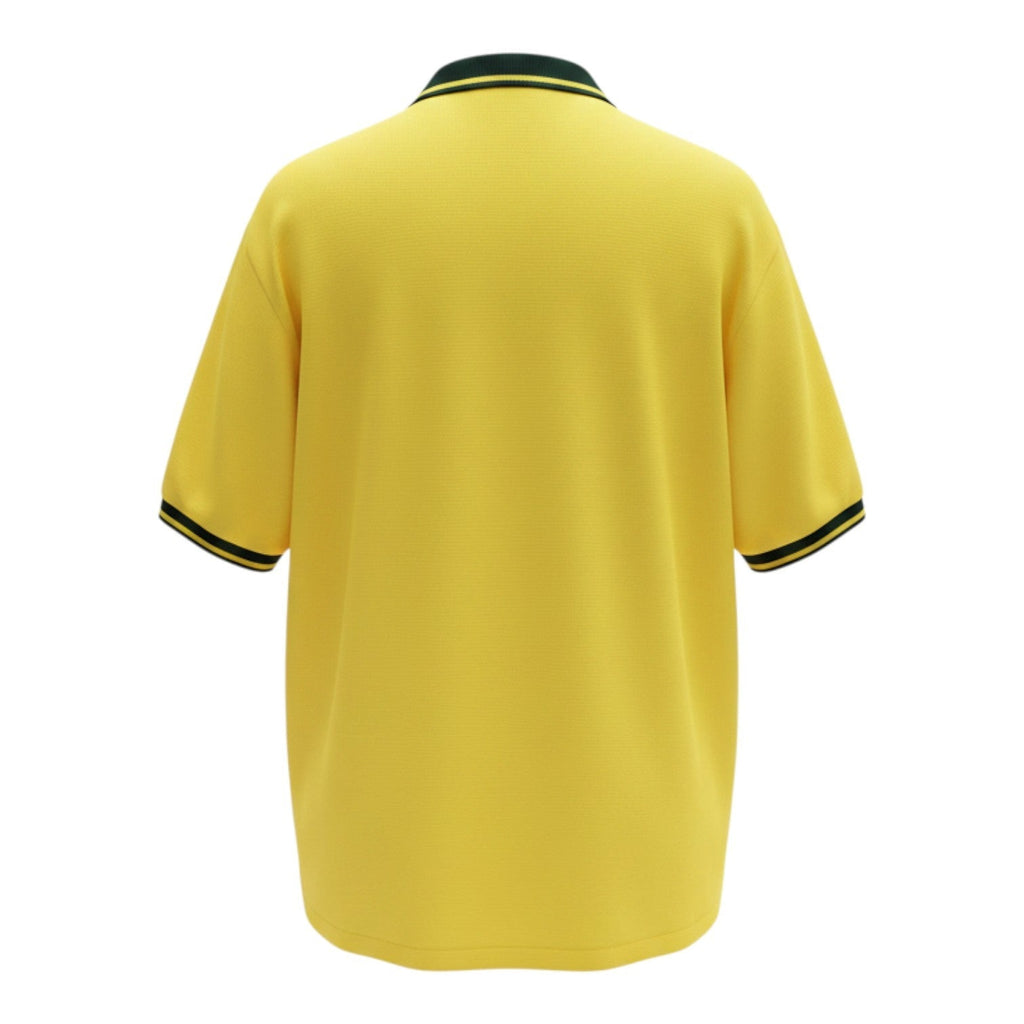 Hinchas Sportswear Store Brazil 1994 World Cup retro jersey in canary yellow with black and green trim on collar and cuffs.