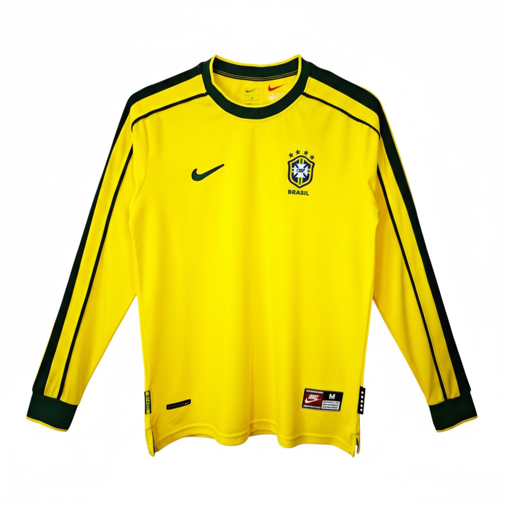 Hinchas Sportswear Store Brazil 1998 home long sleeve jersey, yellow with dark green accents, Nike logo, CBF crest with 4 stars.