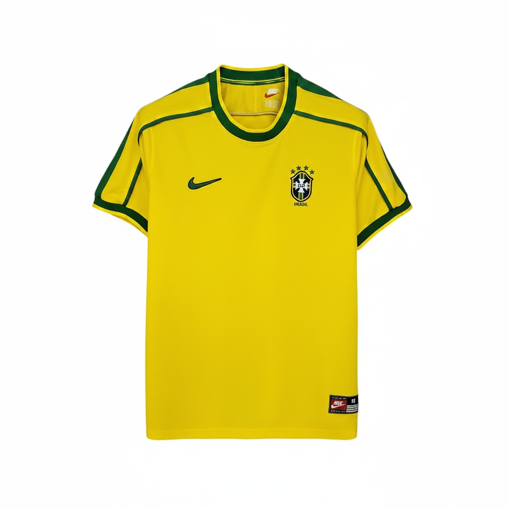 Hinchas Sportswear Store Brazil 1998 World Cup home jersey in yellow with green trim, Nike swoosh, and 4-star CBF crest.