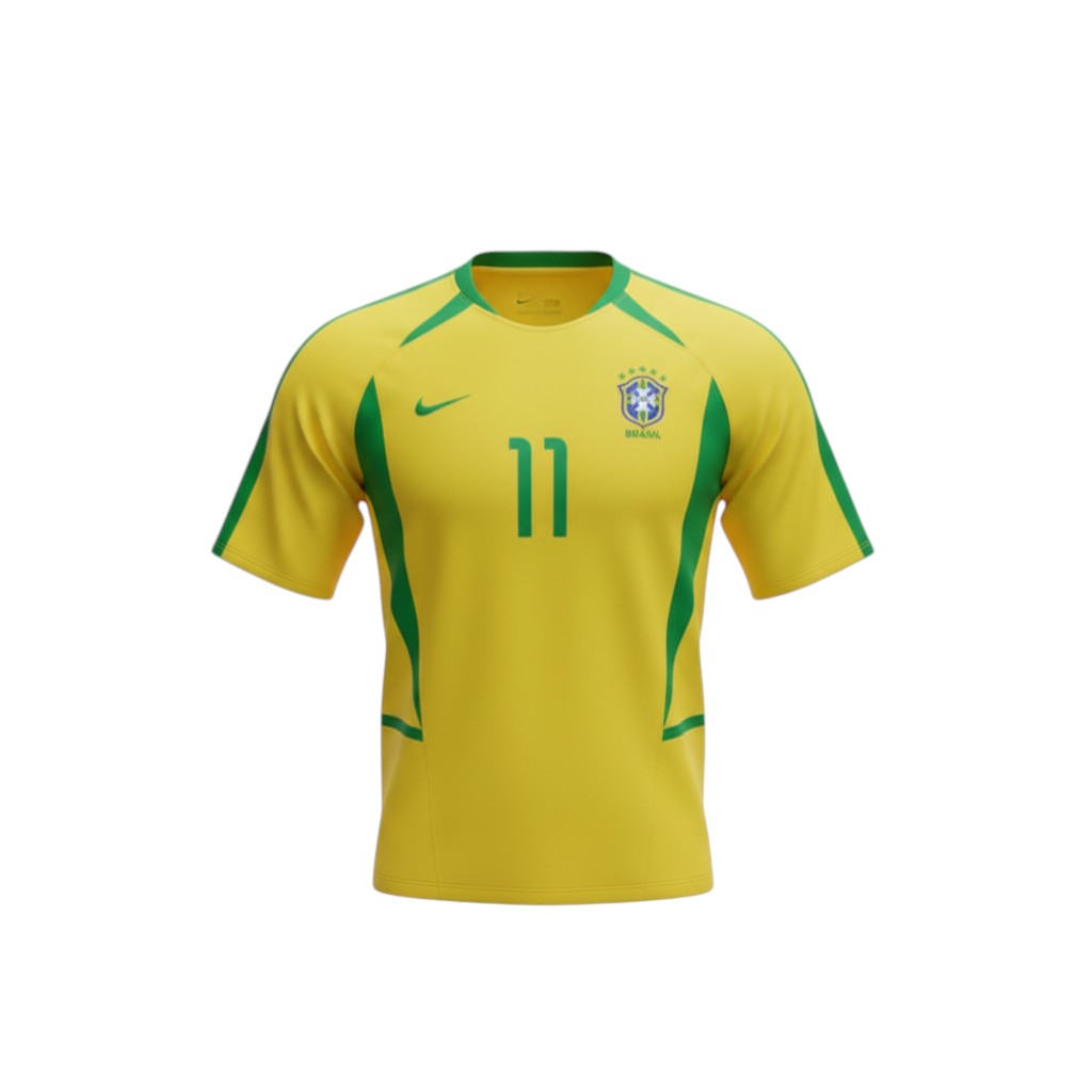 Hinchas Sportswear Store Brazil 2002 retro jersey with number 11 in yellow and green with blue collar.