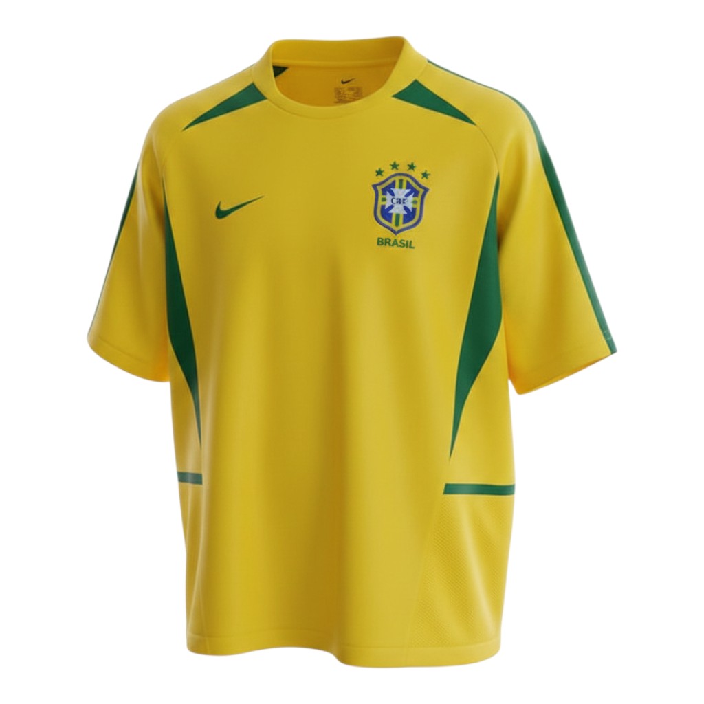 Hinchas Sportswear Store Brazil 2002 World Cup home jersey in yellow with green accents, featuring the iconic CBF crest and Nike swoosh.