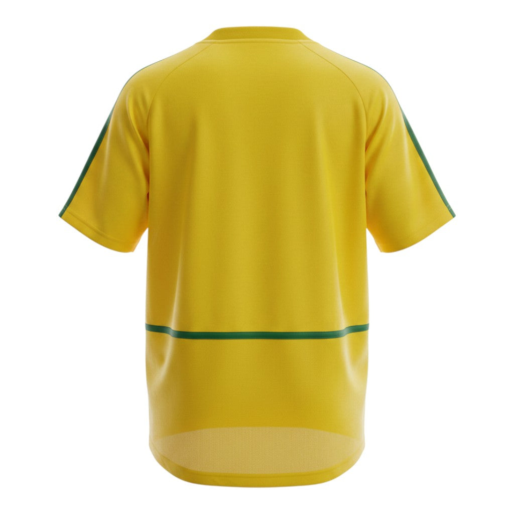 Hinchas Sportswear Store Brazil 2002 World Cup retro home jersey in yellow with green trim and mock neck collar.