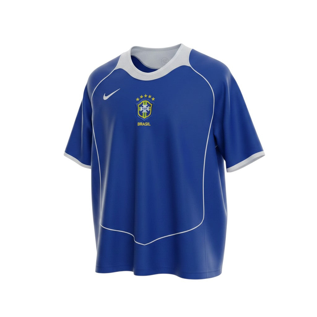 Hinchas Sportswear Store Brazil 2004 retro away jersey in royal blue with white accents, featuring the Nike swoosh and 5-star CBF crest.