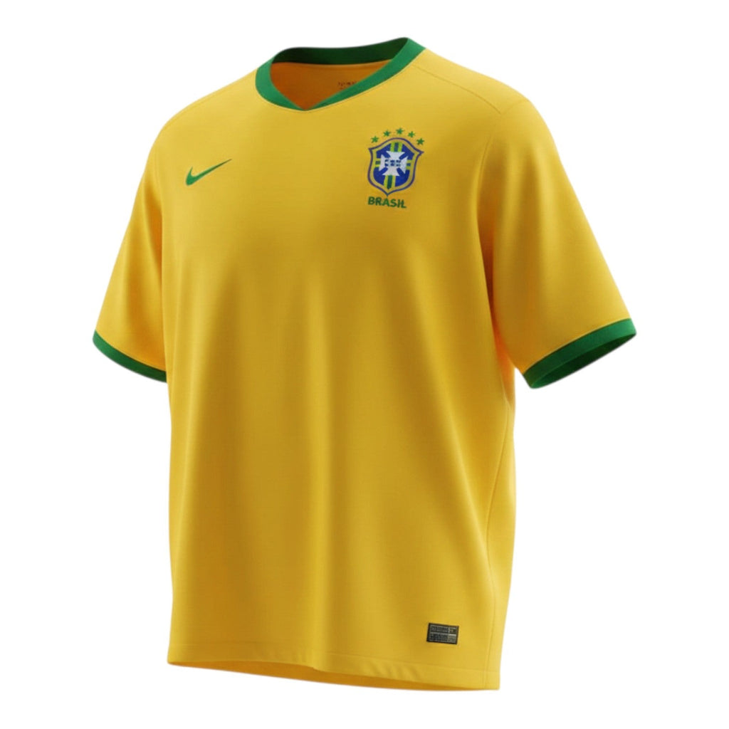 Hinchas Sportswear Store Brazil 2006 World Cup home jersey, canary yellow Nike Dri-FIT shirt with green V-neck collar and cuffs, CBF crest with 5 stars.