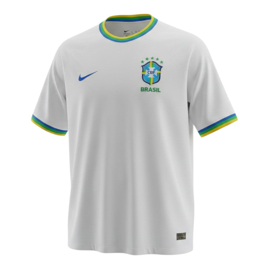 Hinchas Sportswear Store white Brazil 2026 away jersey with palm leaf jacquard, tricolor collar and cuffs, and embroidered crest.