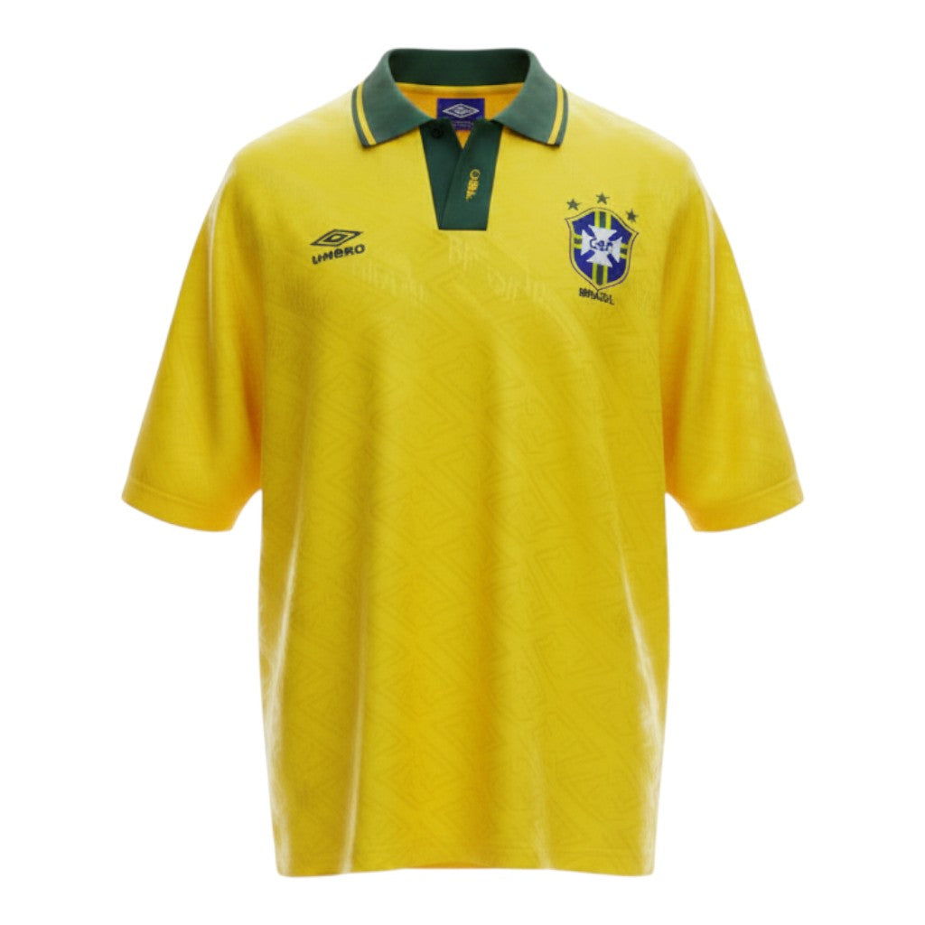 Hinchas Sportswear Store Brazil 1991-93 home jersey in canary yellow with dark green collar and cuffs, featuring Umbro logo and 3-star CBF crest.