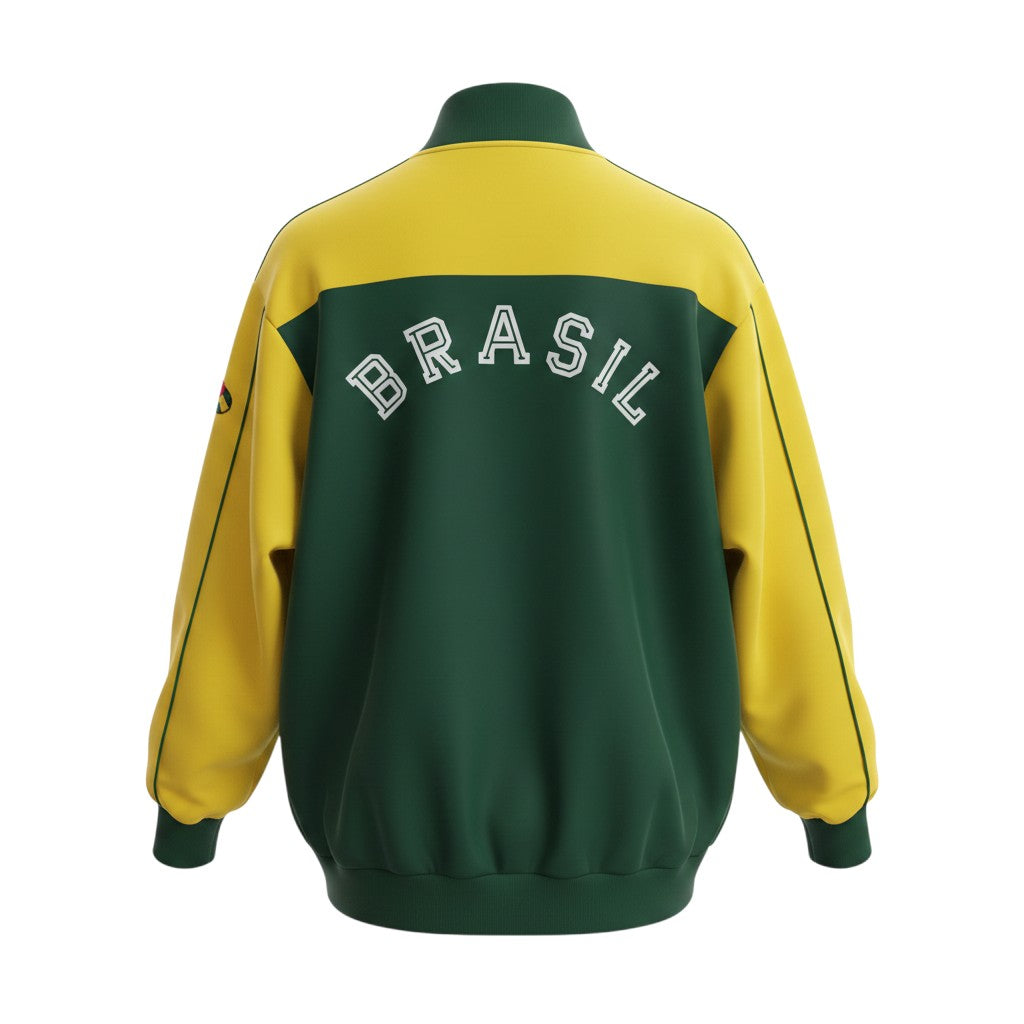 Hinchas Sportswear Store Brazil 1982 retro track jacket in green and yellow colorblock with "BRASIL" lettering on back.