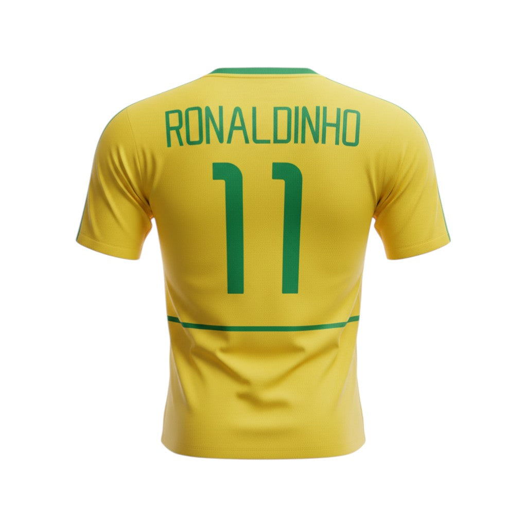 Hinchas Sportswear Store Brazil 2002 Ronaldinho retro jersey, yellow with green trim and number 11.