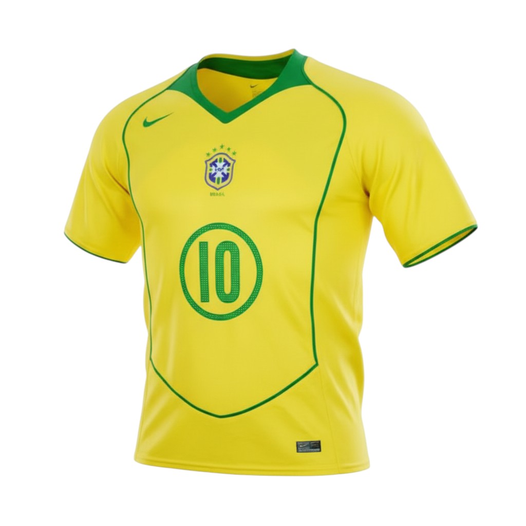Hinchas Sportswear Store Brazil 2004 Ronaldinho retro football jersey, yellow with green trim and number 10.