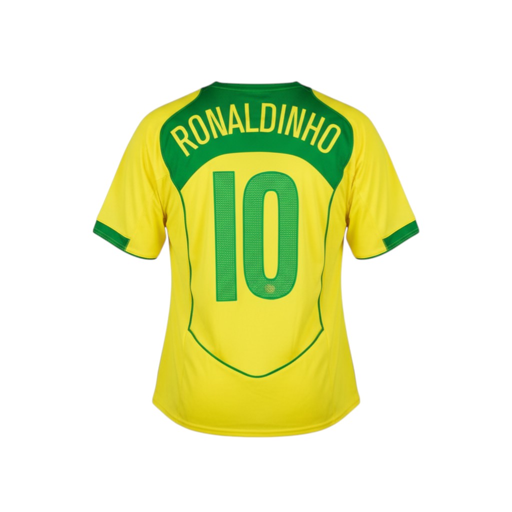 Hinchas Sportswear Store Brazil 2004 Ronaldinho #10 retro football jersey. Yellow with green trim and lettering.