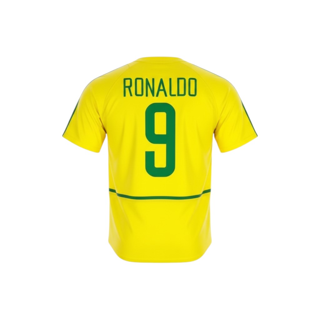 Hinchas Sportswear Store Brazil 2002 World Cup retro home jersey with Ronaldo #9 on back. Yellow with green accents.
