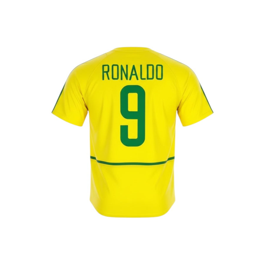 Hinchas Sportswear Store Brazil 2002 World Cup retro home jersey with Ronaldo #9 on back. Yellow with green accents.