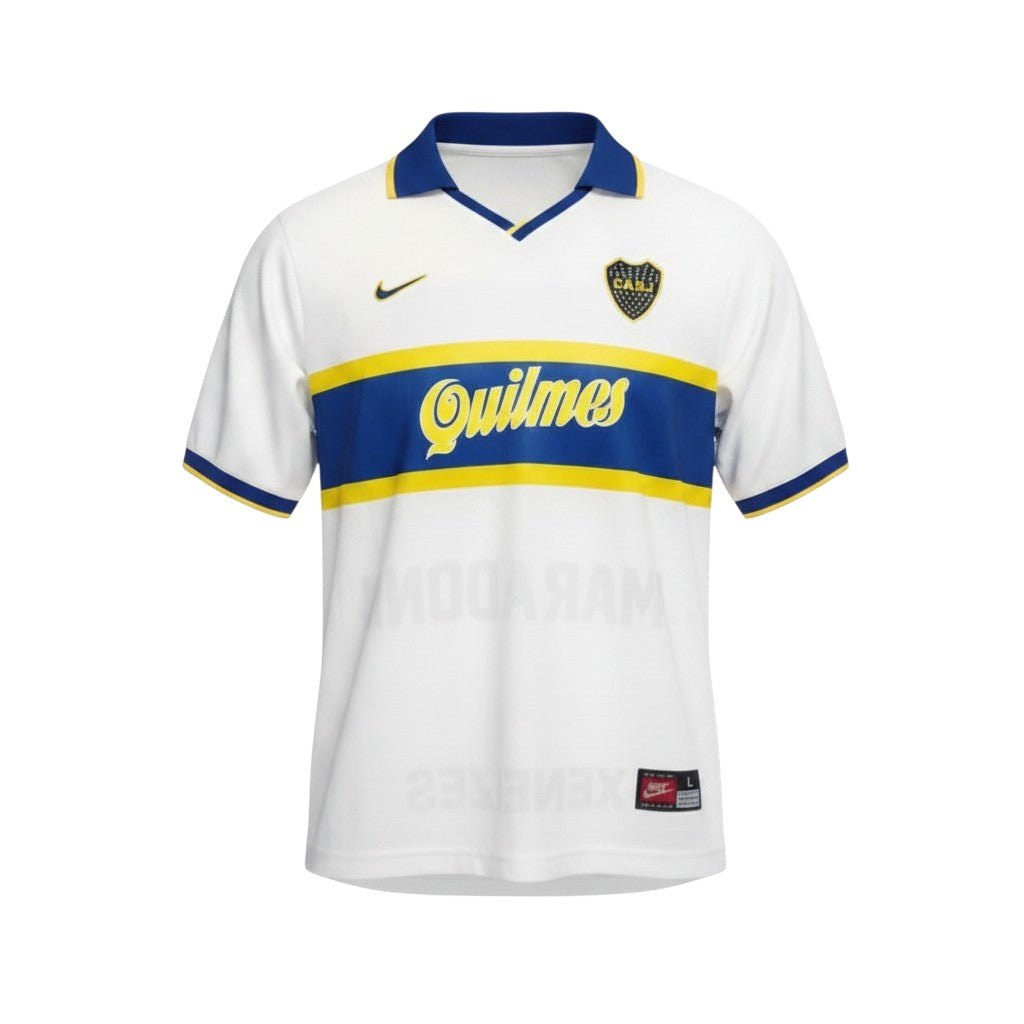 Camiseta blanca de visitante Boca Juniors 1996-97 de Hinchas Sportswear Store con banda azul y amarilla y logo de Quilmes.