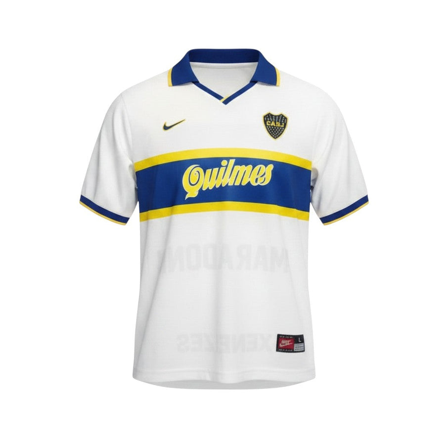Camiseta blanca de visitante Boca Juniors 1996-97 de Hinchas Sportswear Store con banda azul y amarilla y logo de Quilmes.
