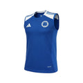 Camiseta sin mangas de entrenamiento Adidas Cruzeiro azul real con detalles blancos y escudo del club. Tecnología AEROREADY.