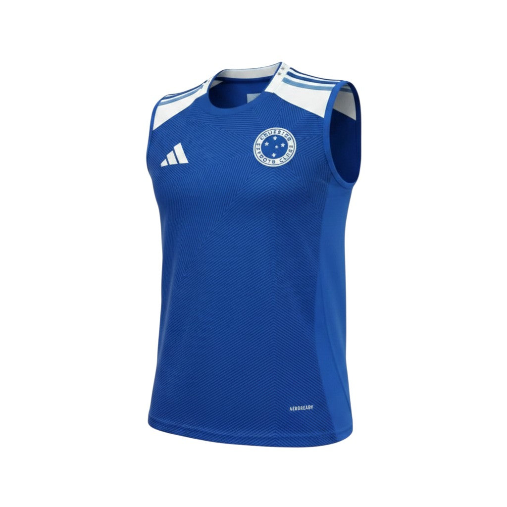 Camiseta sin mangas de entrenamiento Adidas Cruzeiro azul real con detalles blancos y escudo del club. Tecnología AEROREADY.