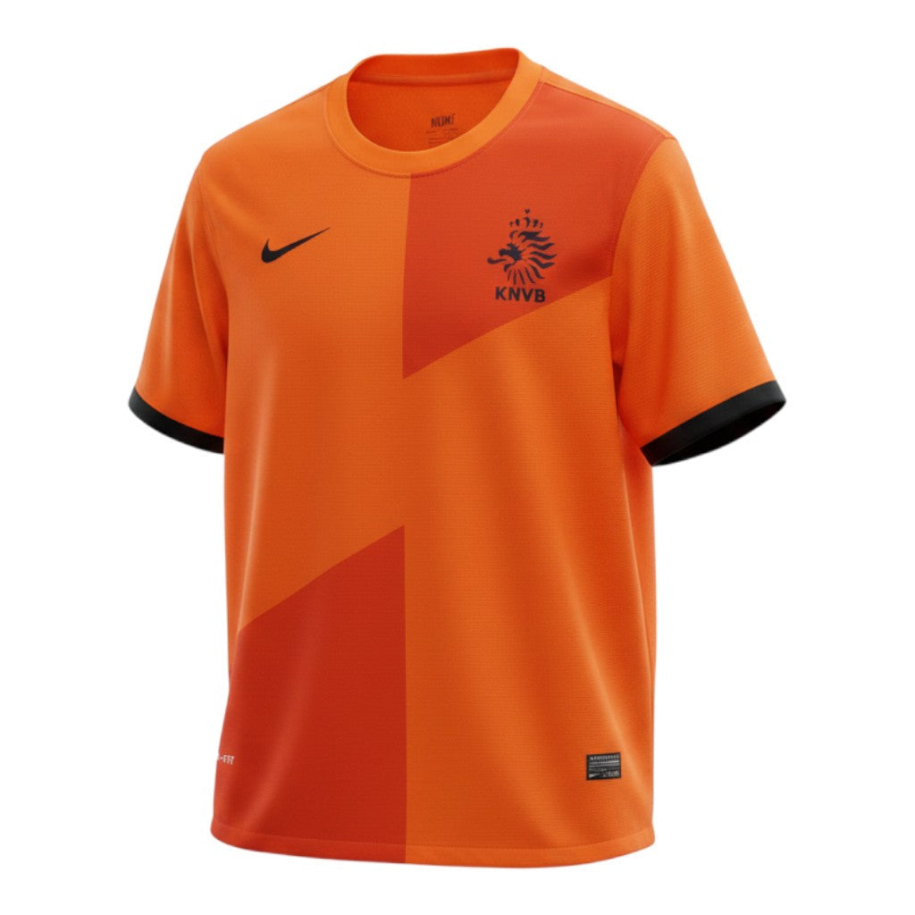 Camiseta de fútbol retro naranja de local de Países Bajos 2012 de Nike Dri-FIT con diseño geométrico y escudo KNVB bordado.