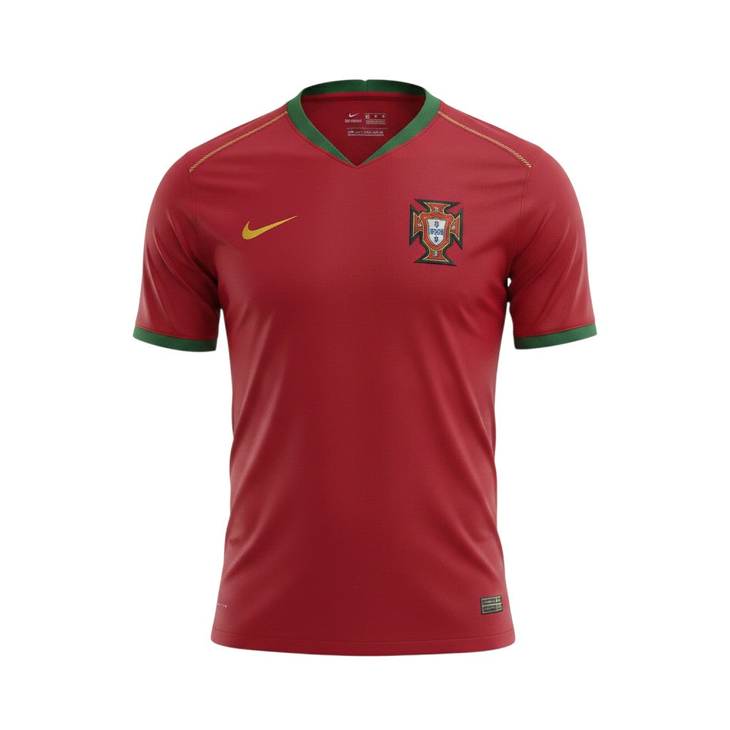 Camiseta de fútbol retro de Portugal 2006 de Nike, color rojo intenso con cuello en V verde y detalles de costura blanca en los hombros.
