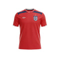 Camiseta de fútbol retro roja de Inglaterra 2008 de Umbro con cuello en V blanco, detalles en azul marino y escudo del equipo.