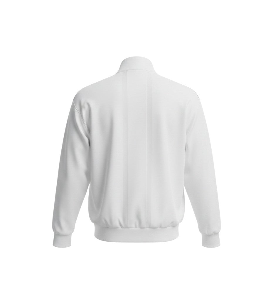 Chaqueta retro blanca de manga larga de Hinchas Sportswear Store con cuello alto y cremallera completa, detalles de rayas en el pecho.