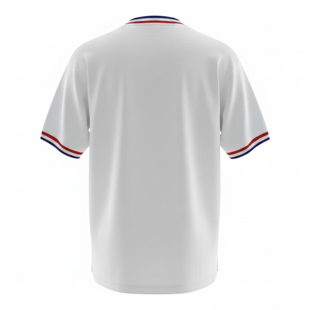 Hinchas Sportswear Store white Chelsea 1982 retro jersey with red, white, and blue striped collar and cuffs.