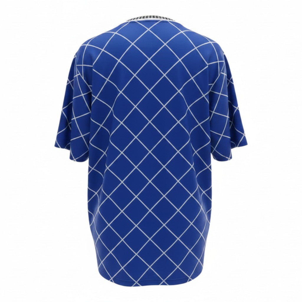 Hinchas Sportswear Store royal blue 1987 Chelsea retro jersey with white diamond grid pattern and V-neck collar.