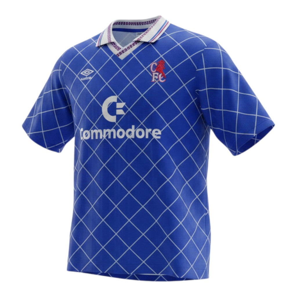 Hinchas Sportswear Store retro royal blue Chelsea 1987 home jersey with white diamond pattern, Commodore sponsor, and Umbro logo.