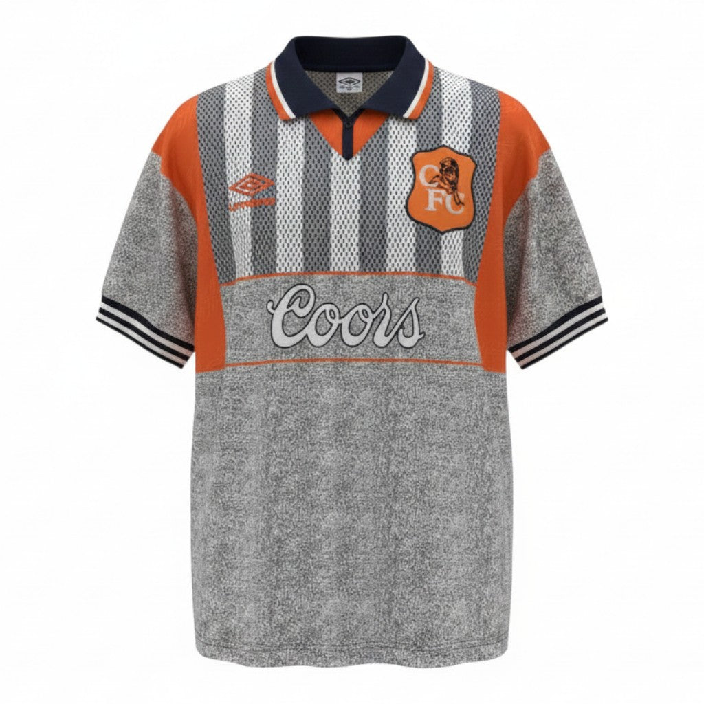 Hinchas Sportswear Store Chelsea 1994 retro away jersey, grey with orange panels, Coors sponsor, Umbro logo, polo collar.