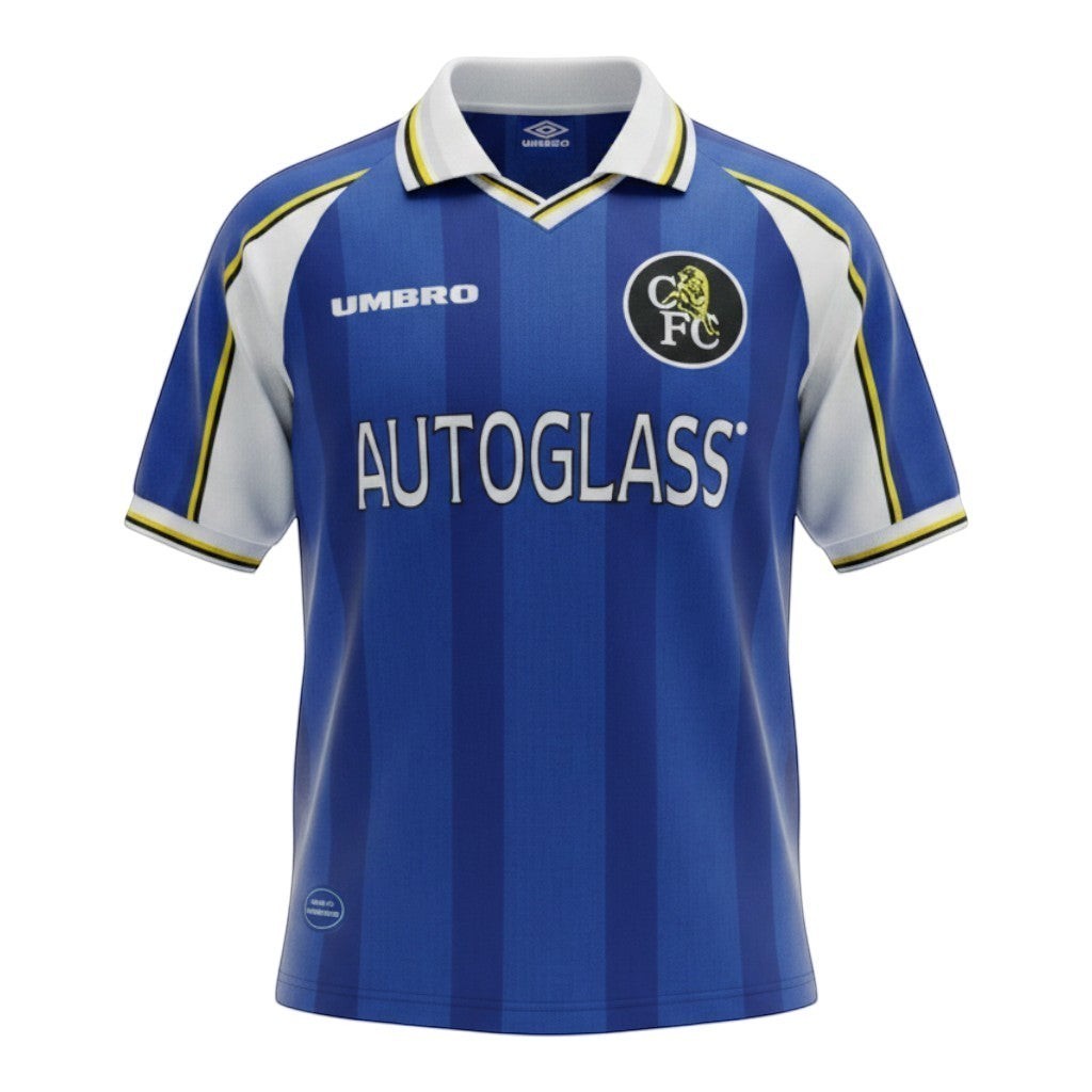 Hinchas Sportswear Store Chelsea 1998 retro royal blue Umbro football jersey with white collar and sleeve panels, Autoglass sponsor.