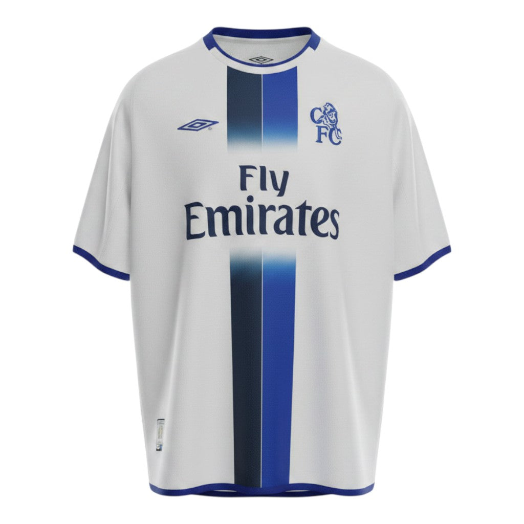 Hinchas Sportswear Store Chelsea 2003 away retro jersey, white with blue and navy gradient stripe, Fly Emirates sponsor, Umbro logo.