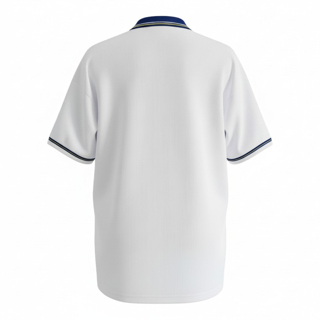 Hinchas Sportswear Store white Chelsea FC 1998/00 retro away jersey with subtle vertical texture, royal blue polo collar with yellow and blue trim.